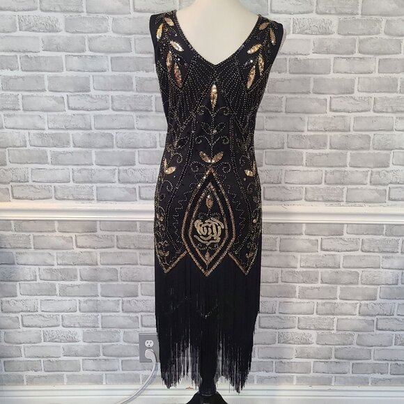 Black Beaded Sequined Dress Fringed Gatstby Flapper 20s Cosplay NEW Med Metme - Picture 3 of 10